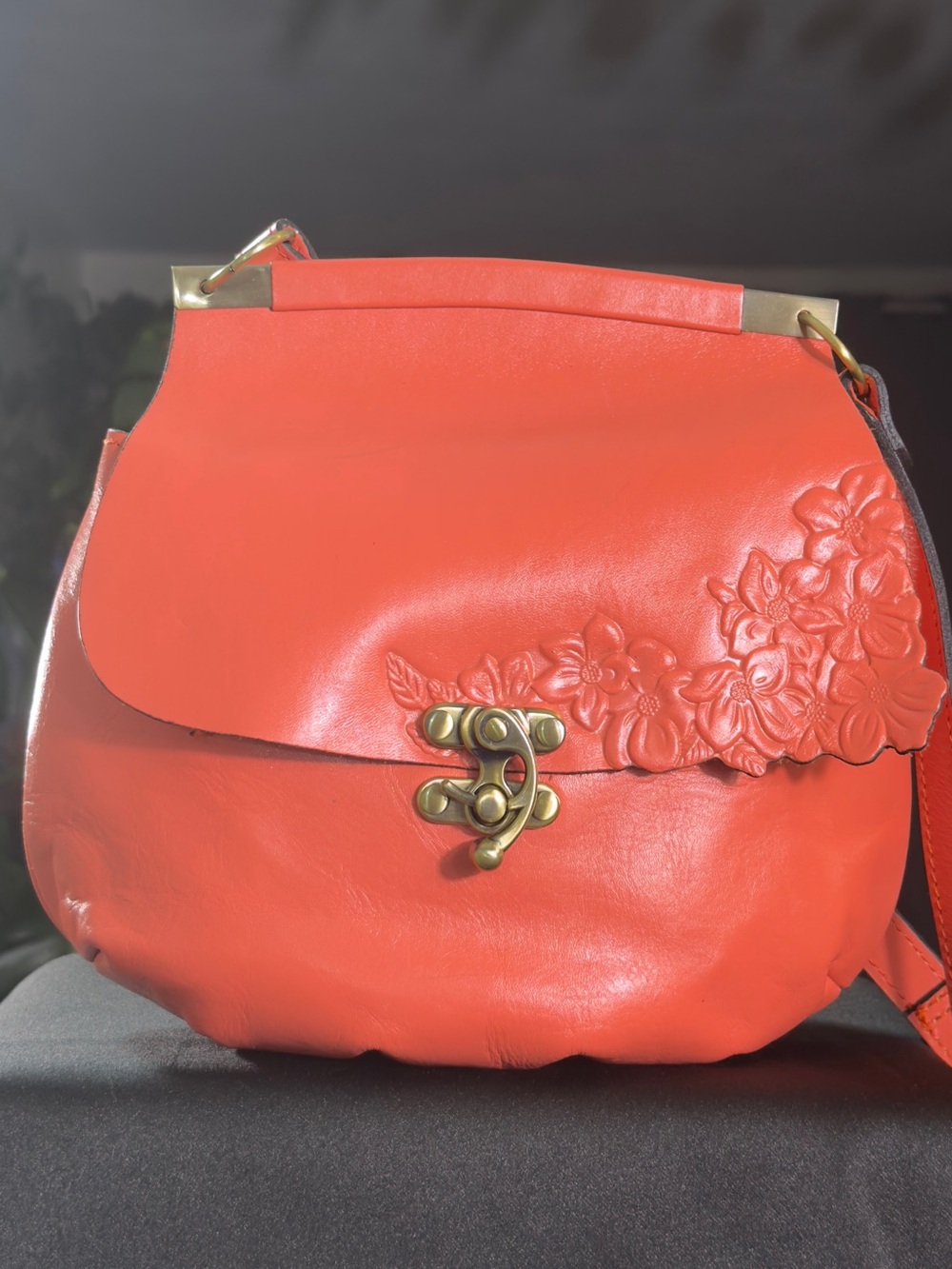 Patricia Nash Coral Veneto Leather Crossbody Hand Cut Tooled Floral Saddle Bag